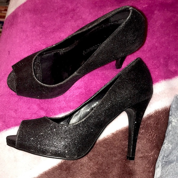 BLACK SPARKLY GLAM PUMPS HEELS PEEP TOE - Picture 1 of 3